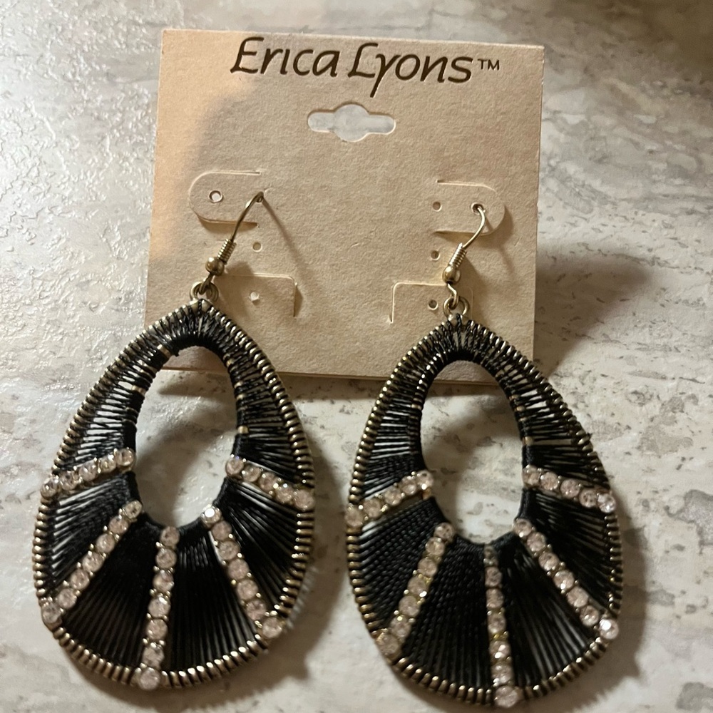Erica Lyons Black/Silver Rhinestone OS Fashion Pierced Earrings
